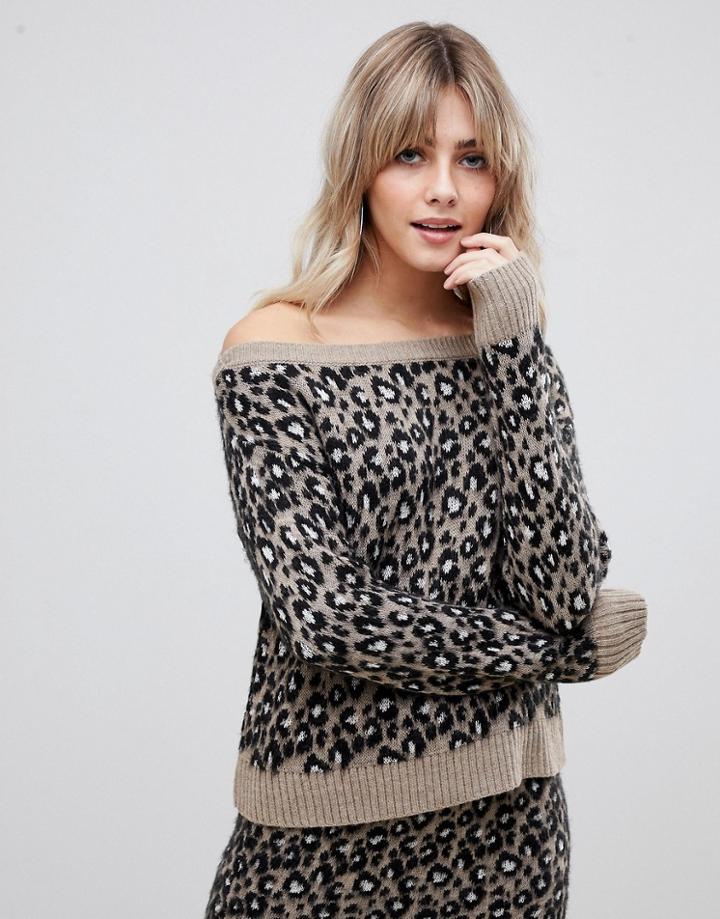Asos Design Two-piece Off Shoulder Sweater In Leopard - Multi