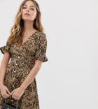 Asos Design Petite Button Through Rib Tea Dress With Puff Sleeve In Animal Print - Multi