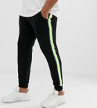 Asos Design Plus Skinny Joggers With Neon Side Stripe Taping In Black - Black