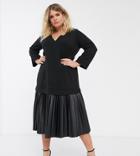 Asos Design Curve Midi Sweat Dress With Leather Look Pleated Hem-black