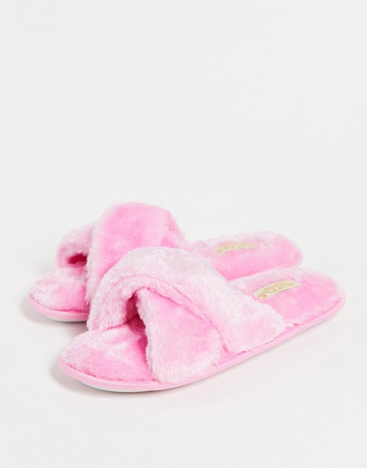 Truffle Collection Faux Fur Cross Strap Slippers In Pink