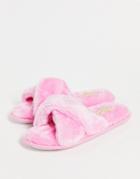 Truffle Collection Faux Fur Cross Strap Slippers In Pink