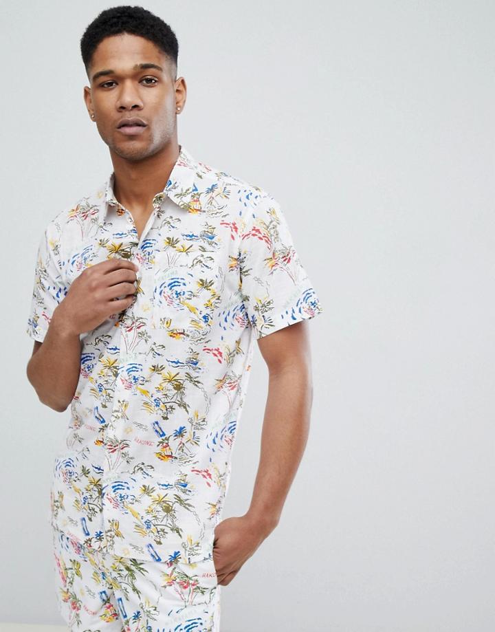 Bellfield Short Sleeve Shirt With Hawaiian Print - White