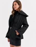 Asos Design Ruched Waist Puffer Jacket In Black - Black