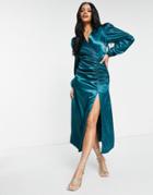 Ax Paris Midi Dress With Ruched Split In Teal-green