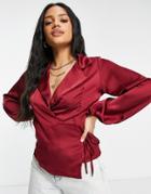 Femme Luxe Satin Collar Wrap Top In Berry-red