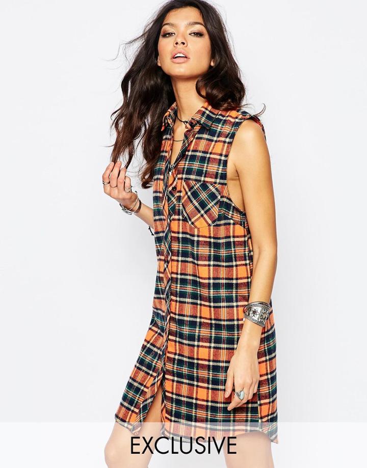 Reclaimed Vintage Button Front Tunic Shirt Tank Dress In Check With Collar - Orange