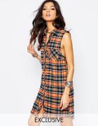 Reclaimed Vintage Button Front Tunic Shirt Tank Dress In Check With Collar - Orange
