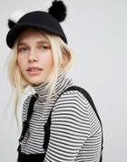 Monki Faux Fur Pom Wool Cap - Black