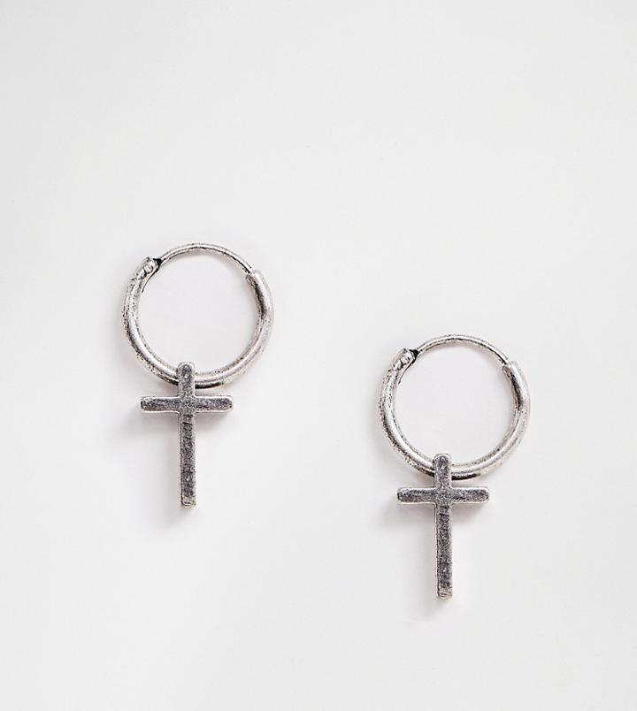 Reclaimed Vintage Inspired Hoop Earrings With Cross In Burnished Silver Exclusive At Asos - Silver