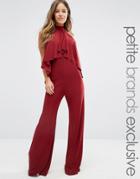John Zack Petite High Neck Jumpsuit With Ruffle Front Detail - Brown
