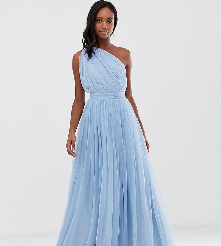 Asos Design Tall One Shoulder Tulle Maxi Dress - Blue