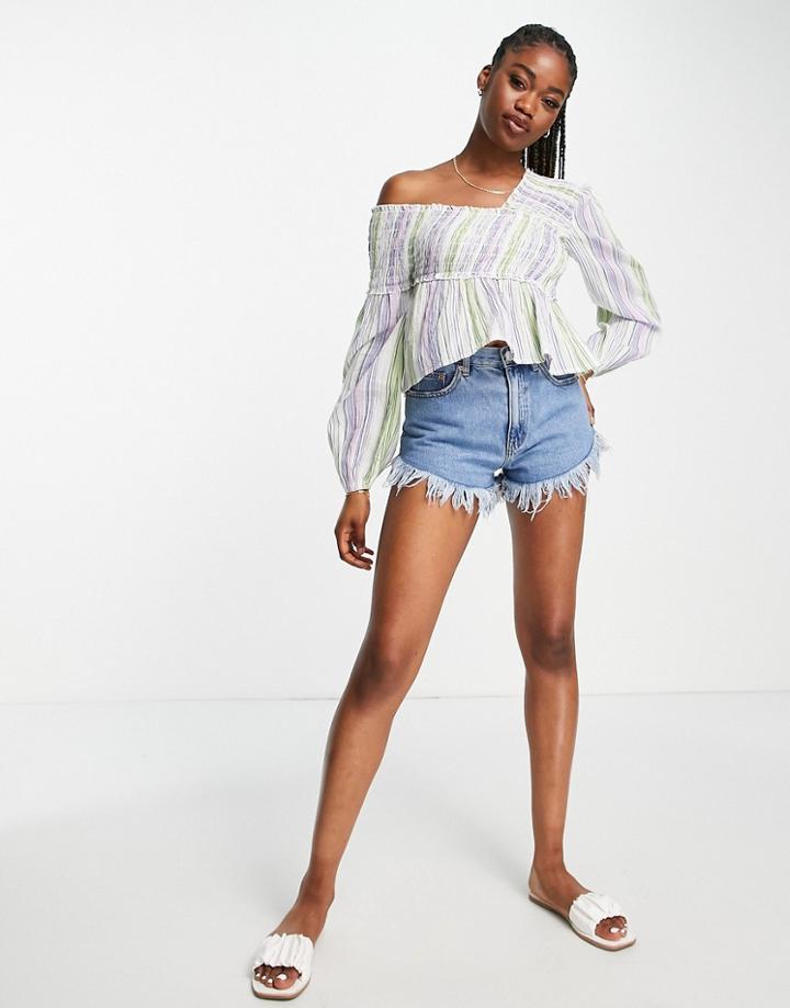 Asos Design Off The Shoulder Top With Shirring & Volume Sleeve In Pastel Stripe-multi