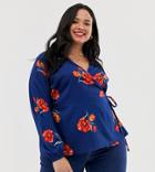 Influence Plus Wrap Tie Blouse With Flutter Sleeve In Red Floral - Navy