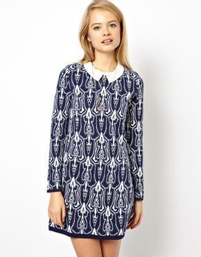 Asos Jacquard Bonded Shift Dress With Lace Collar In Knit - Navy