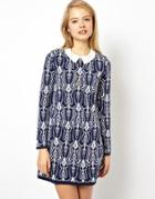 Asos Jacquard Bonded Shift Dress With Lace Collar In Knit - Navy