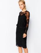 Navy London Embroidered Lace Midi Dress With Drawstring Waist - Black