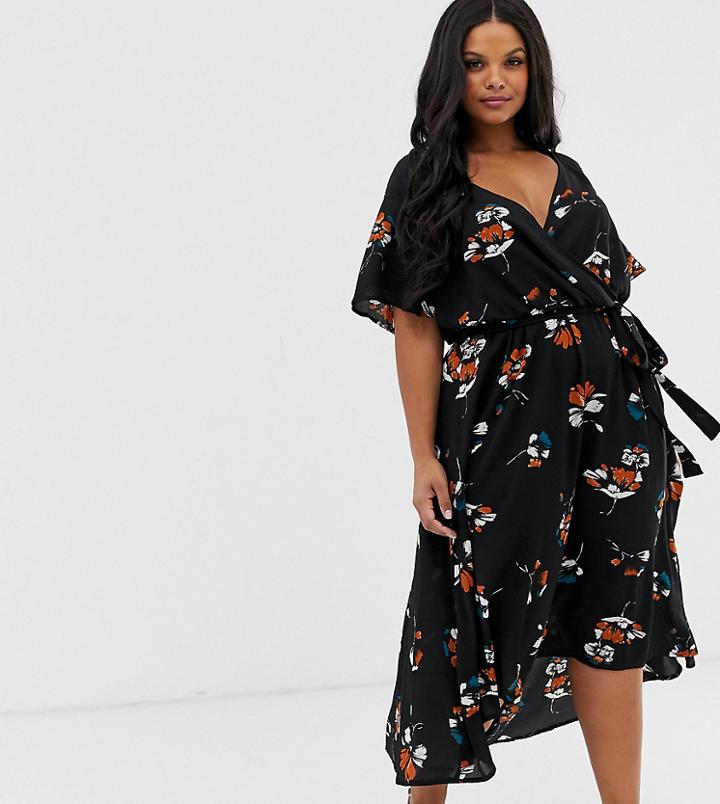 Brave Soul Plus Floral Print Wrap Dress - Black