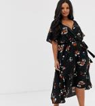 Brave Soul Plus Floral Print Wrap Dress - Black