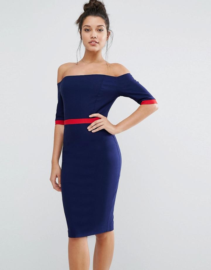 Vesper Paneled Off Shoulder Pencil Dress - Navy