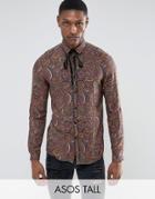 Asos Tall Regular Fit Viscose Paisley Shirt With Neck Tie - Red