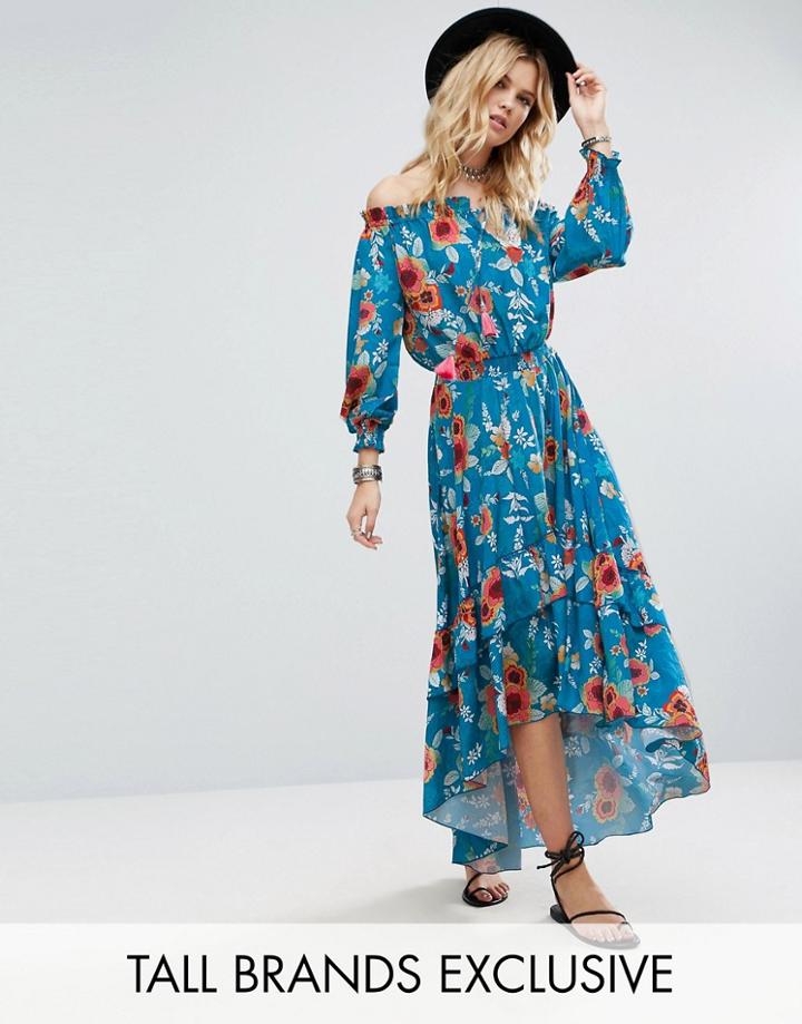 White Cove Tall Off Shoulder Floral Printed Maxi Dress With Tiered Hem - Multi