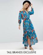 White Cove Tall Off Shoulder Floral Printed Maxi Dress With Tiered Hem - Multi