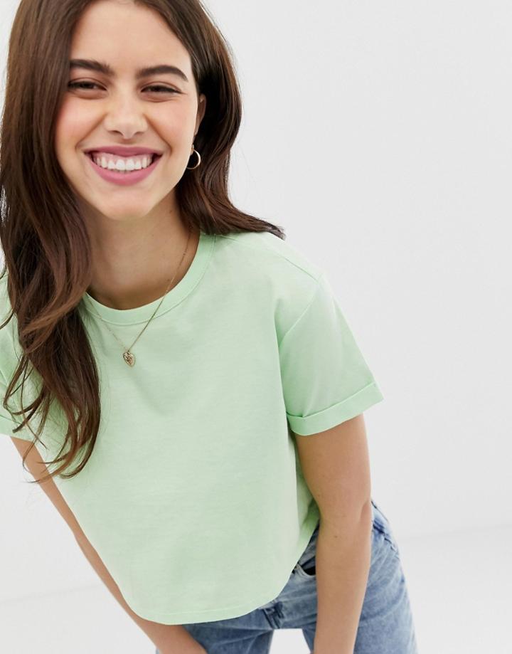 Asos Design Organic Cotton Crop T-shirt With Roll Sleeve In Mint-green