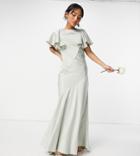 Asos Design Petite Bridesmaid Flutter Sleeve Satin Maxi Dress With Button Side Detail In Olive-green