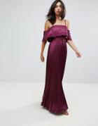 Asos Satin Pleated Cami Lace Trim Crop Top Maxi Dress - Purple