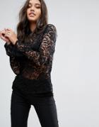 Lipsy Lace Long Sleeve Top With High Neck - Black