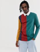 Asos Design Relaxed Long Sleeve Rugby Polo Shirt With Vertical Color Block-multi