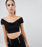 Parallel Lines Off Shoulder Ruched Front Crop Top - Black