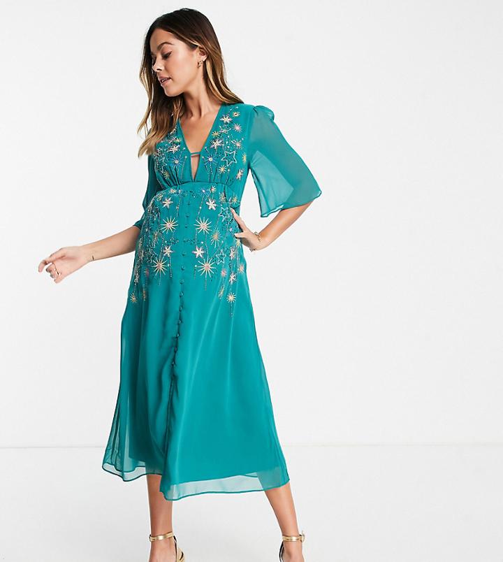 Hope & Ivy Maternity Embellished Midi Tea Dress In Emerald Green Star