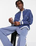 Asos Design Oversized Jersey Bomber Jacket In Navy With Piping-blues