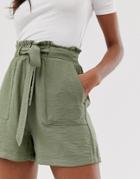 New Look Shorts With Paperbag Waist In Khaki - Green