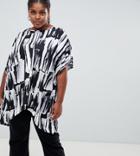 Asos Curve Top With Kimono Sleeve And Dip Split Black In Mono Print - Multi