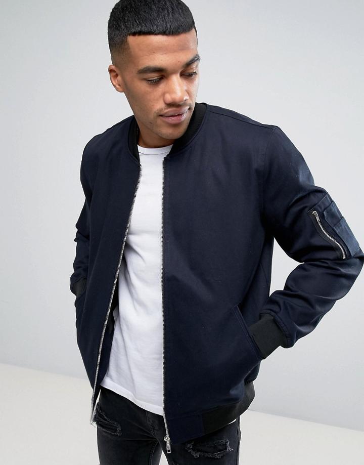 Asos Design Bomber Jacket With Sleeve Zip In Navy - Navy