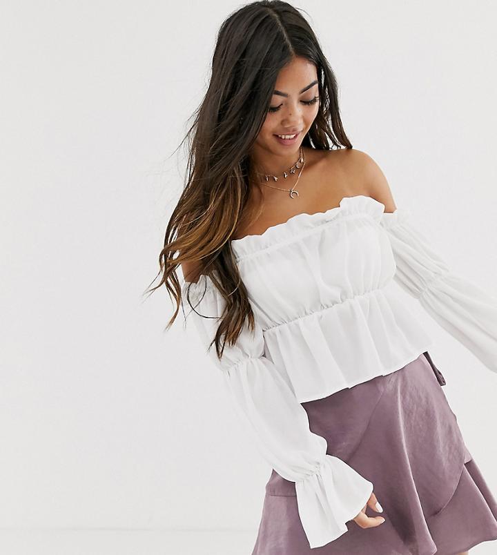 John Zack Petite Ruffle Off Shoulder Top In Cream