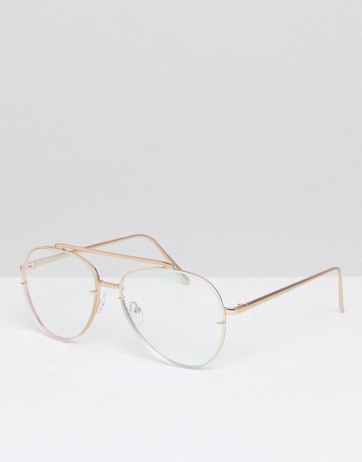 Asos Aviator Glasses In Brushed Gold With Clear Laid On Lens - Gold