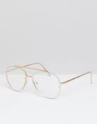 Asos Aviator Glasses In Brushed Gold With Clear Laid On Lens - Gold