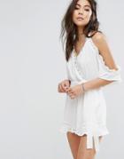 Kiss The Sky Cold Shoulder Romper With Ruffle Hem - Cream