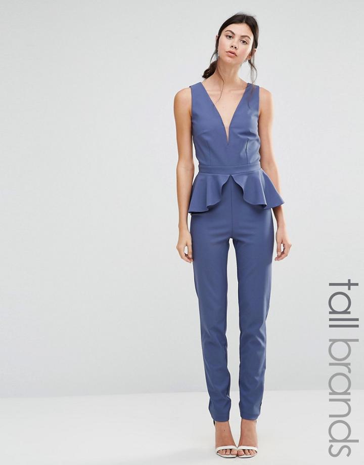 Little Mistress Tall Plunge Front Jumpsuit With Ruffle Waist Detail - Gray