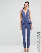 Little Mistress Tall Plunge Front Jumpsuit With Ruffle Waist Detail - Gray