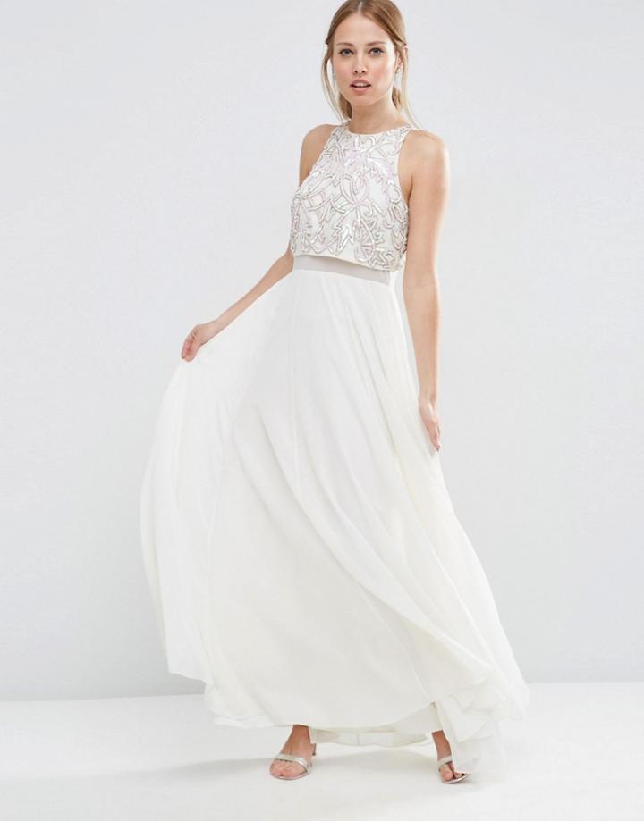 Asos All Over Embellished Crop Top Maxi Dress - White