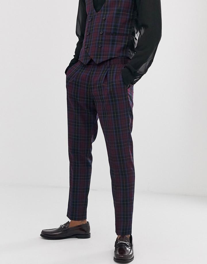 Devils Advocate Skinny Fit Berry Plaid Check Cropped Suit Pants - Navy