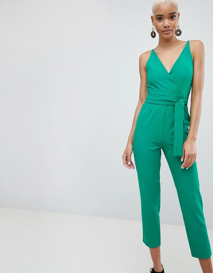 Asos Design Wrap Front Jumpsuit With Peg Leg And Self Belt - Green