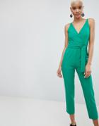 Asos Design Wrap Front Jumpsuit With Peg Leg And Self Belt - Green