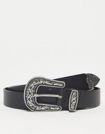 Asos Design Silver Buckle Leather Western Belt In Black