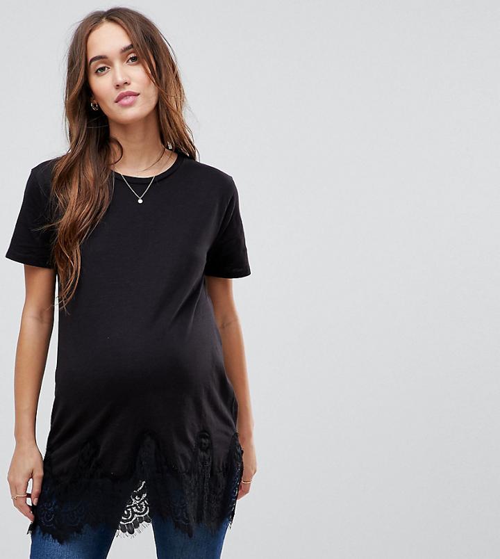 New Look Maternity Lace Hem Boyfriend Tee - Black